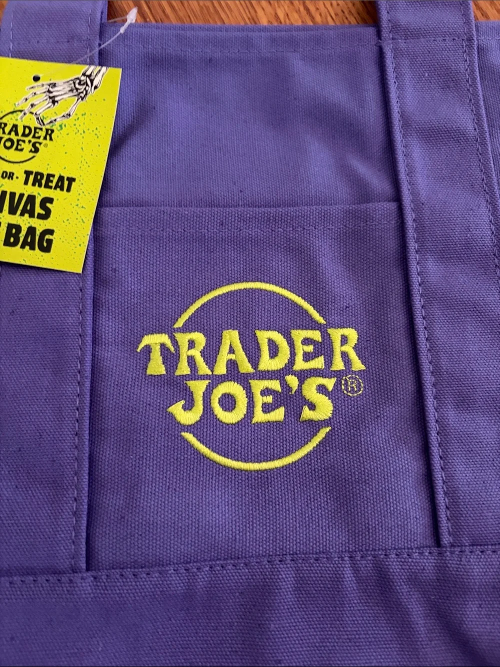 Trader Joe's Blue Canvas Duffel Tote with Neon Yellow Logo